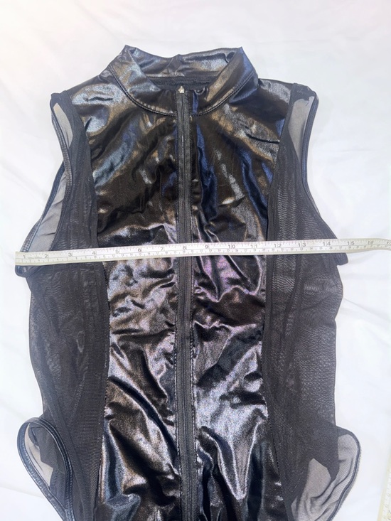 Woman’s Black Shiny Zip-Front Sheer Panel Bodysuit - Picture 6 of 7